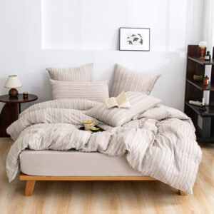 Serene Beige Stripe Microfiber Bedding Set - Double