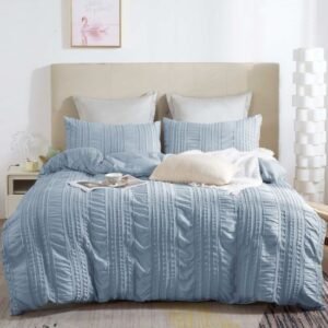 Chic Textured Bedding with Ruched Stripe Design in Soft Microfiber Bedding Set Soft Blue - King