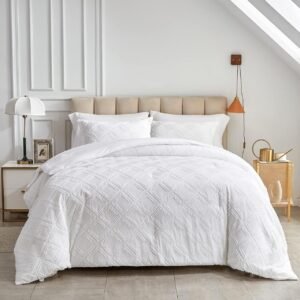 Premium Brushed Microfiber Tufted Bedding Set White Queen
