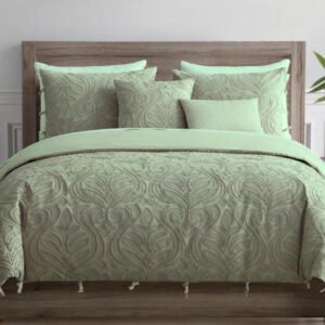 Elegant Blush Sage Green Bedding Set  Ornate Textured Design with Tassel Details - King