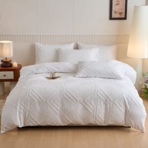 Elegant Geometric Textured Bedding Set White - Double